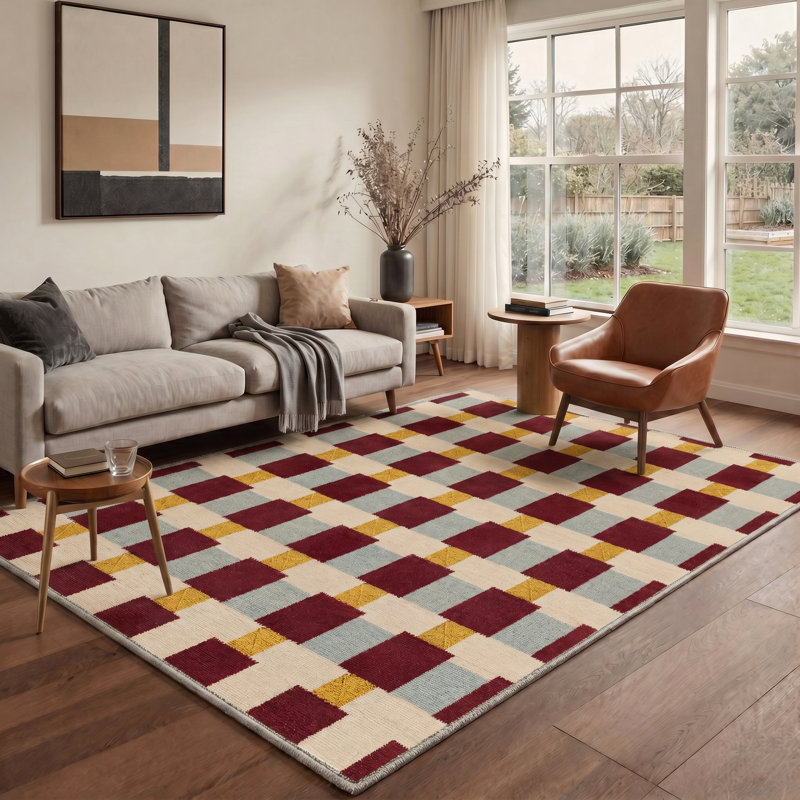 Tapis intérieur beige / jaune / rouge lavable à la machine avec envers antidérapant Ahn Basketweave, Rectangle 6 pi x 9 pi
