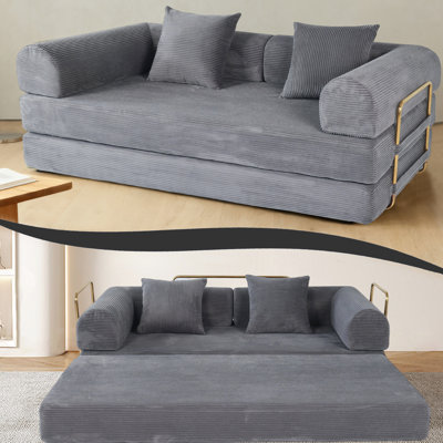 Lit convertible de 75 pouces, 21 pouces de mousse à mémoire comprimée, fausse fourrure, salon, usage domestique, gris cendré, microfibre, canapé-lit pliable 3 places sans dossier, avec mousse et 2 oreillers, pour petits espaces