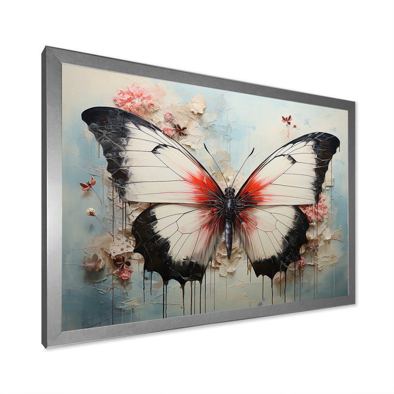 Minimalisme, papillon blanc sur toile, Cadre simple argenté, H 34 po x l 44 po x P 1,5 po