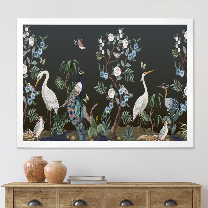 Chinoiserie avec oiseaux et pivoines IV - peinture sur toile, H 30 po x l 40 po x 1,5 po, Cadre photo blanc