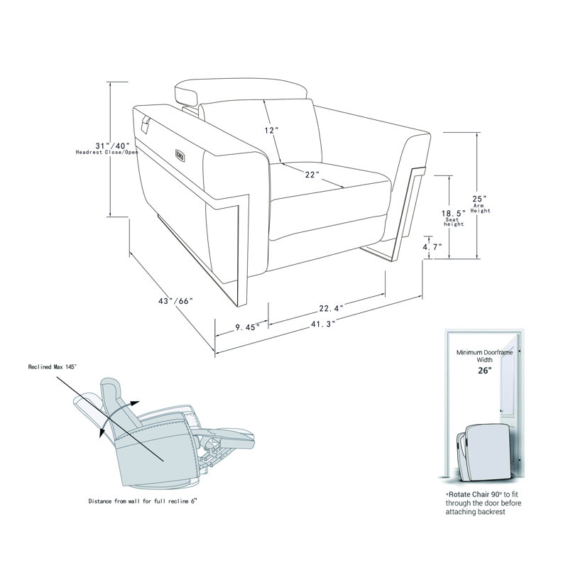 Fauteuil inclinable électrique en cuir italien avec chargeur USB Global United, blanc, White Leather