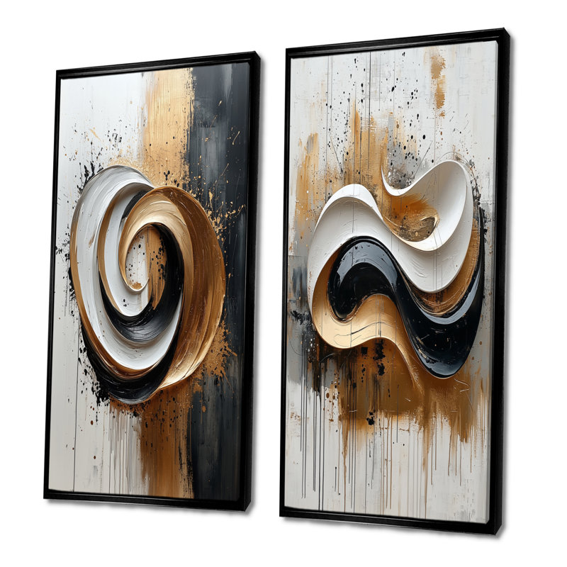 Encre noire et blanche Organic Fusion I - formes abstraites, ensemble de 2 pièces d'art mural, H 28 po x l 24 po
