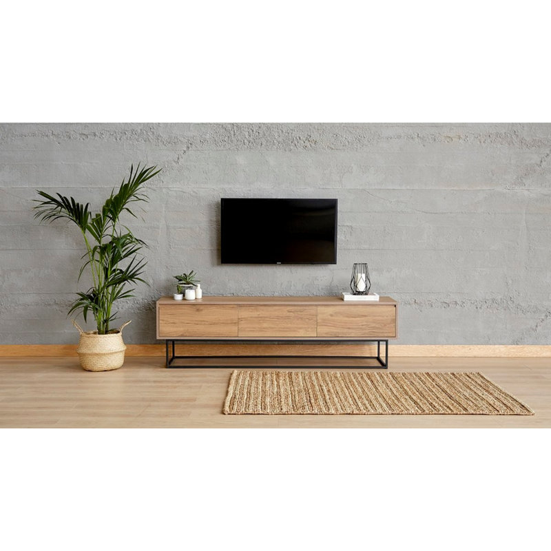 Modern TV Stand with 3 Drawers, Walnut & Black, 70.9 x 19.7 x 15.7 inches | 100% Melamine Coated Particle Board, Metal Legs, Wall-Mountable, Stylish Industrial Design, Multiple Shelves for Storage & Display