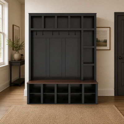 Farmhouse Wooden Hall Tree with 6 Hooks, Walnut Storage Bench with Adjustable Shelves, 4-in-1 Entryway Shoe Cabinet with Cubbies for Mudroom, Living Room, Black, 76.7"H