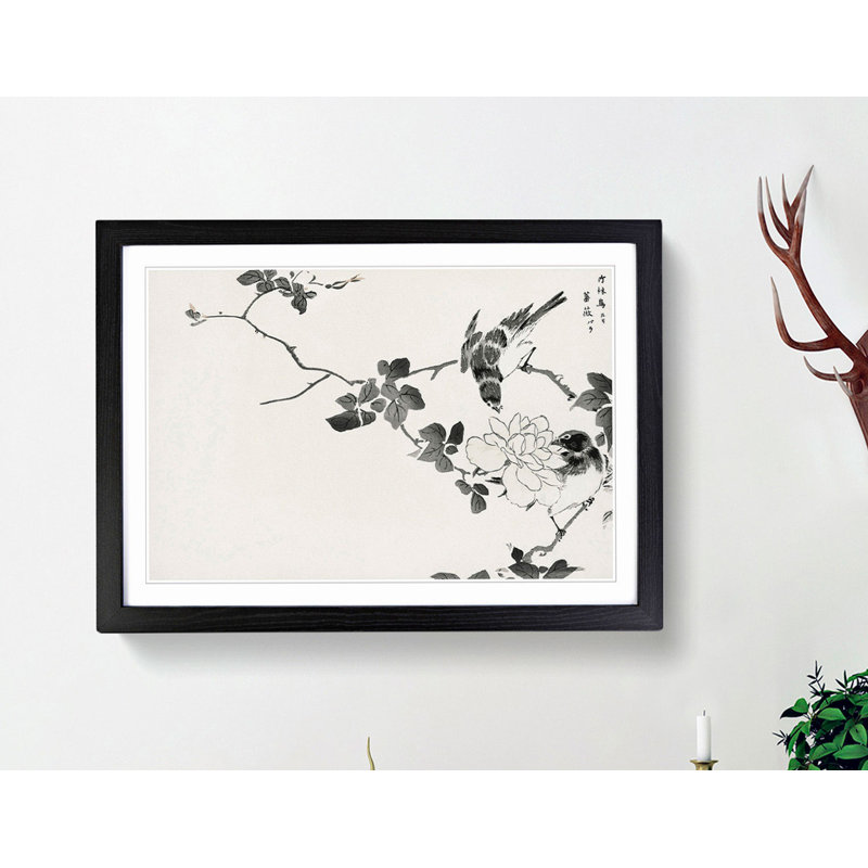 Robin Birds & White Lotus by Numata Kashu - Picture Frame Painting Print, 40cm H x 60cm W x 2cm D, Black