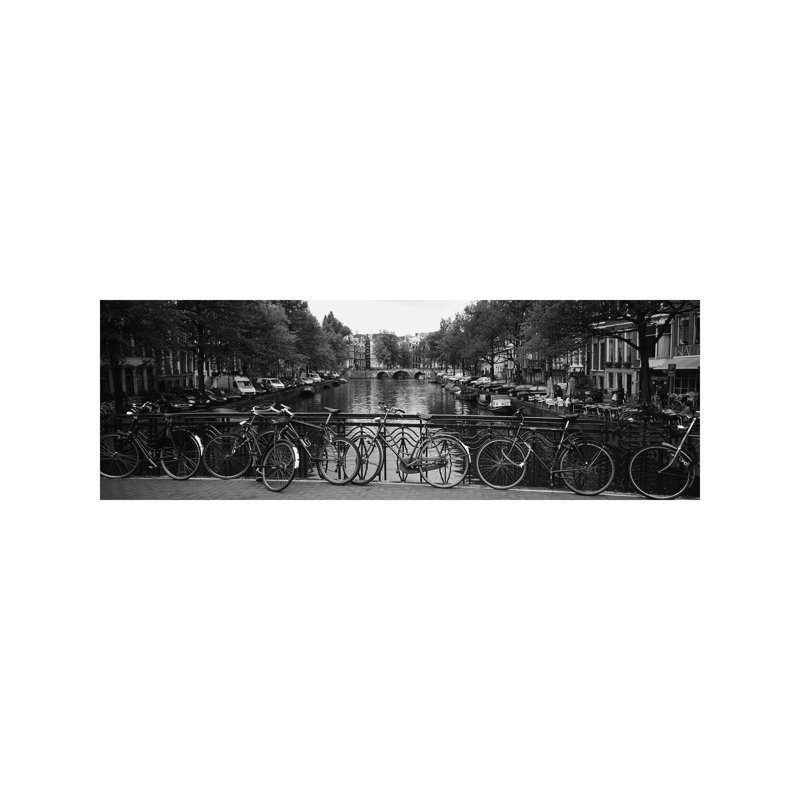 Bicycle Leaning Against a Metal Railing on A Bridge, Amsterdam, Netherlands 1 Piece Wrapped Canvas Panoramic Wall Art