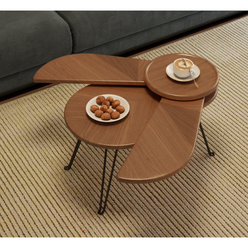 Solid Wood Adjustable Rotating Petal Side Table with Foldable Metal Legs for Multi-Space Use