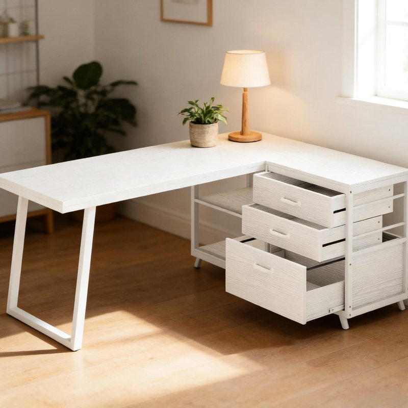 Bureau de jeu en forme de L pour espace restreint, panneau de particules et structure en métal, 2 petits tiroirs, 1 grand classeur à tiroirs, bureau spacieux avec écritures blanches l 53 po x P 19,7 po