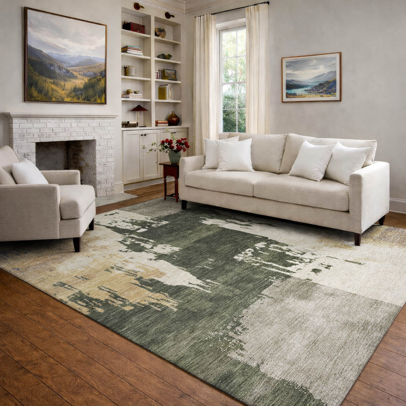 Tapis abstrait lavable à la machine de qualité supérieure Mayfield AMF2347, Olive, 9 pi x 12 pi