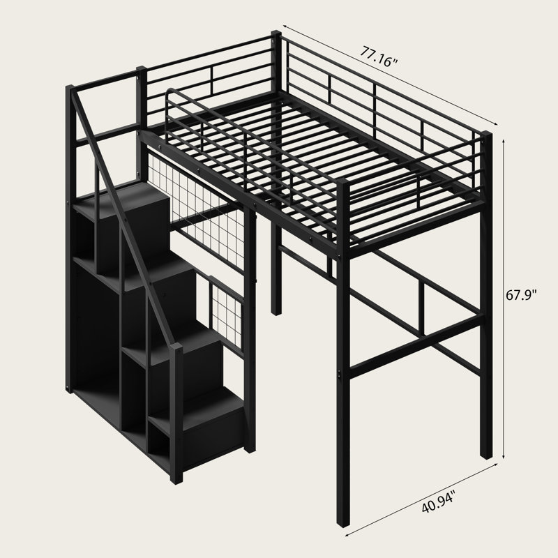 Twin Size Metal Loft Bed with Storage Staircase and Integrated Wardrobe, Space-Saving Design, Black