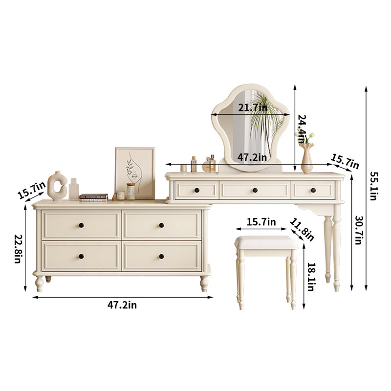 Ivory Extendable Solid Wood Makeup Vanity Vanity