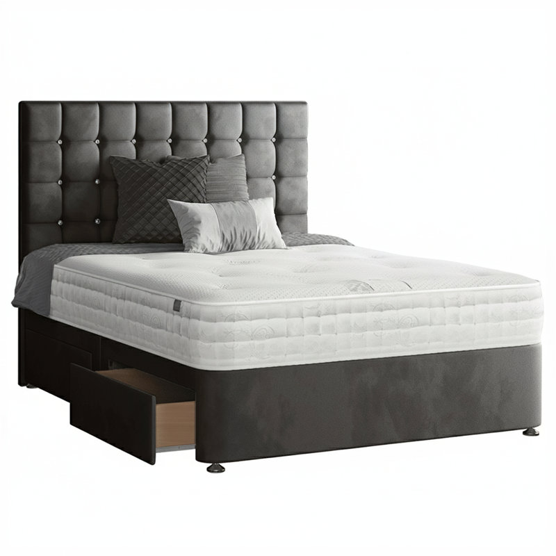 Galarza Upholstered Divan Bed, Single (3'), Charcoal, 2 Left Drawers