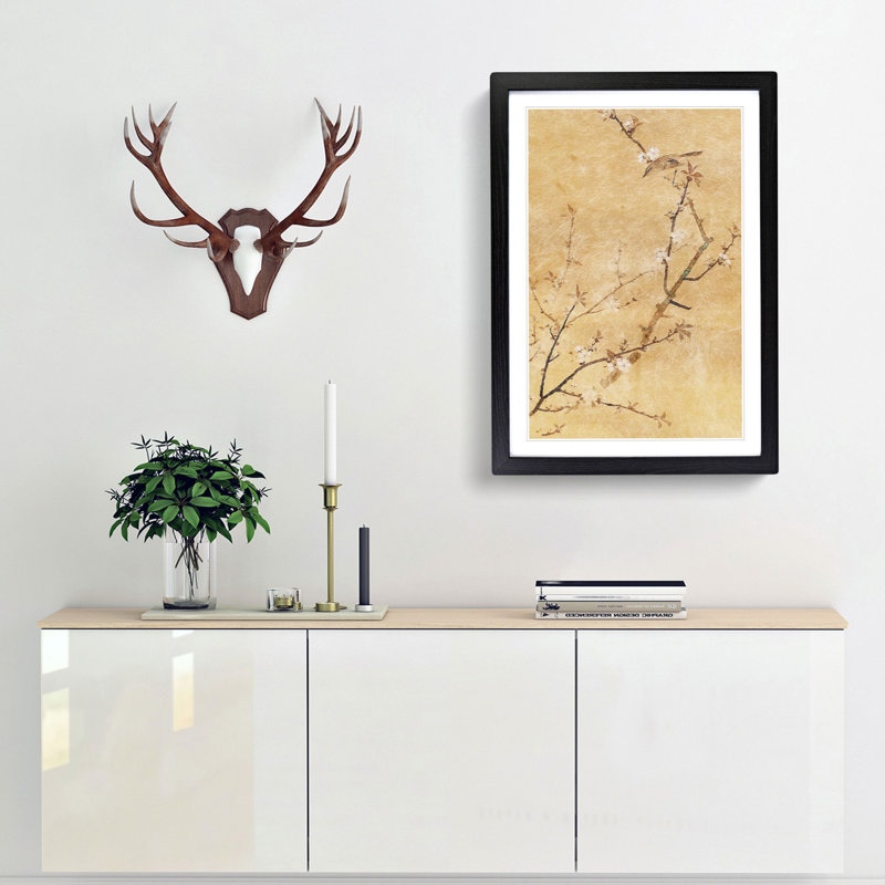 Bird on Cherry Blossoms by Maruyama Okyo - Picture Frame Painting Print, 65cm H x 48cm W x 2cm D, Black Framed