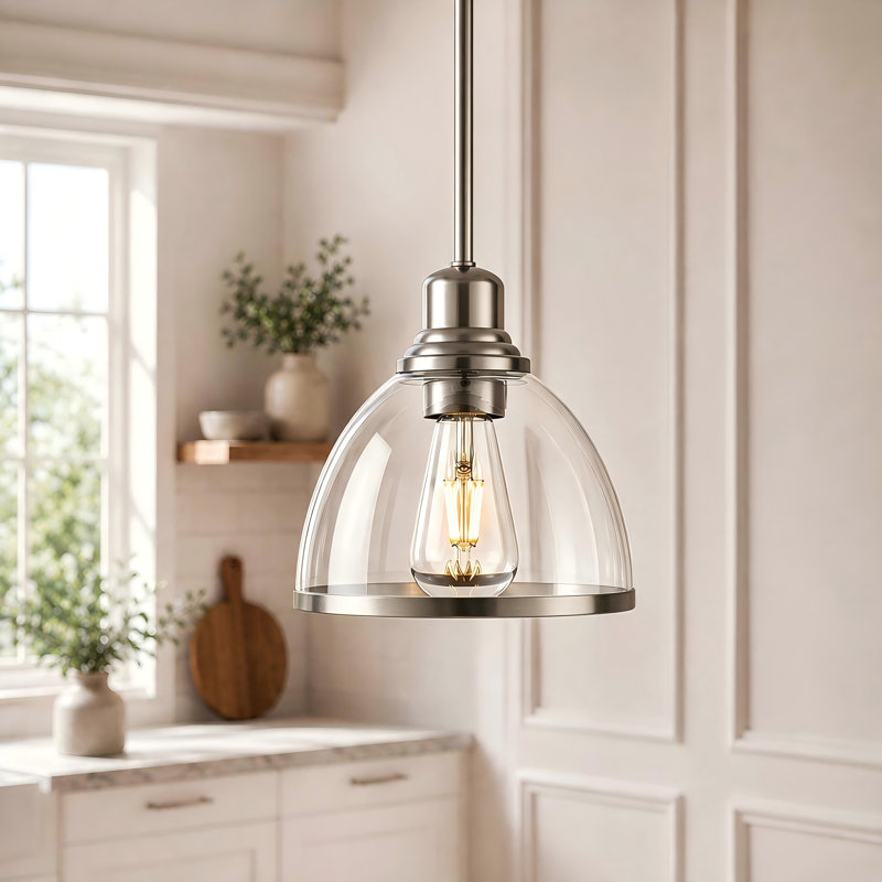 Suspension de 8 pouces à 1 lumière, fini nickel brossé mat, abat-jour en verre transparent, petit luminaire de style campagnard pour îlot de cuisine, culot E26