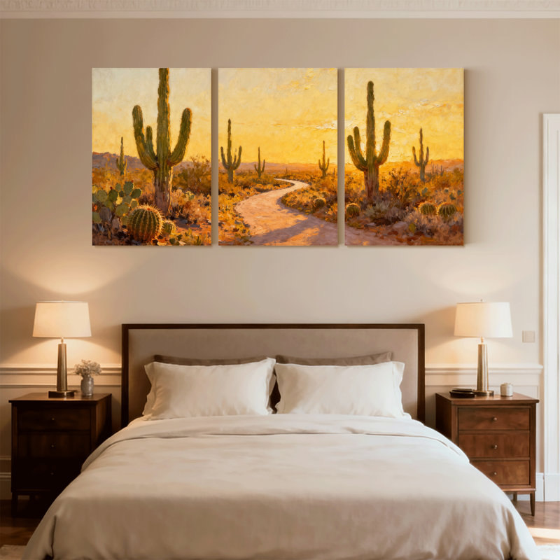 «Cactus Desert Landscape with Cactus and Sunset», ensemble de 3 impressions sur toile, H 24 po x l 48 po