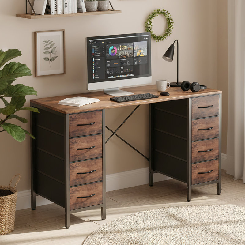47 Inch Computer Desk with 8 Fabric Drawers, Office Desk Work Desk for Home Office, Study, Gaming Desk with Drawers, Brown