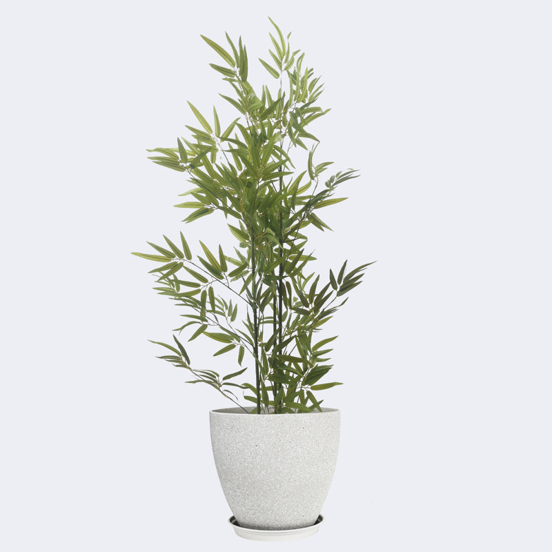 Pots ronds en bambou artificiel et résine avec plateau, Gris clair, H 19,69 po x l 66,93 po x P 19,69 po