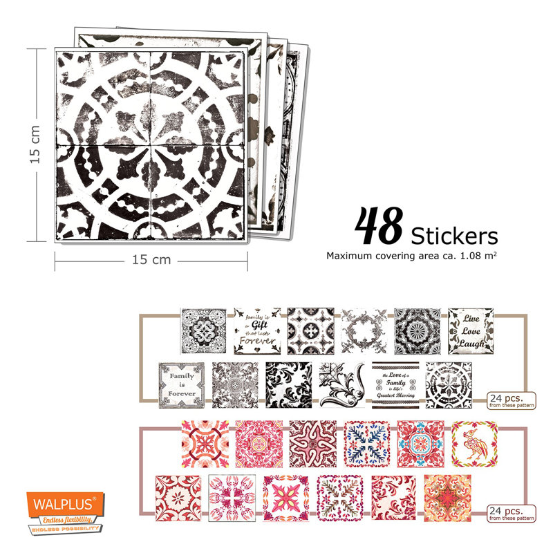 Moroccan Black and Red Vintage Azulejo Mix PVC Mosaic Tile Sticker - 15cm x 15cm, 1 Pack
