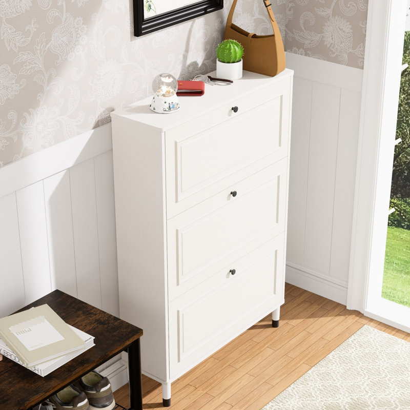 Armoire de rangement pour chaussures pour hall d'entrée, conception étroite, 3 tiroirs rabattables, tablettes à deux couches, rangement vertical, 18 24 paires, armoire blanche antique pour le vestibule, système Smart Divide, compartiments résistants,