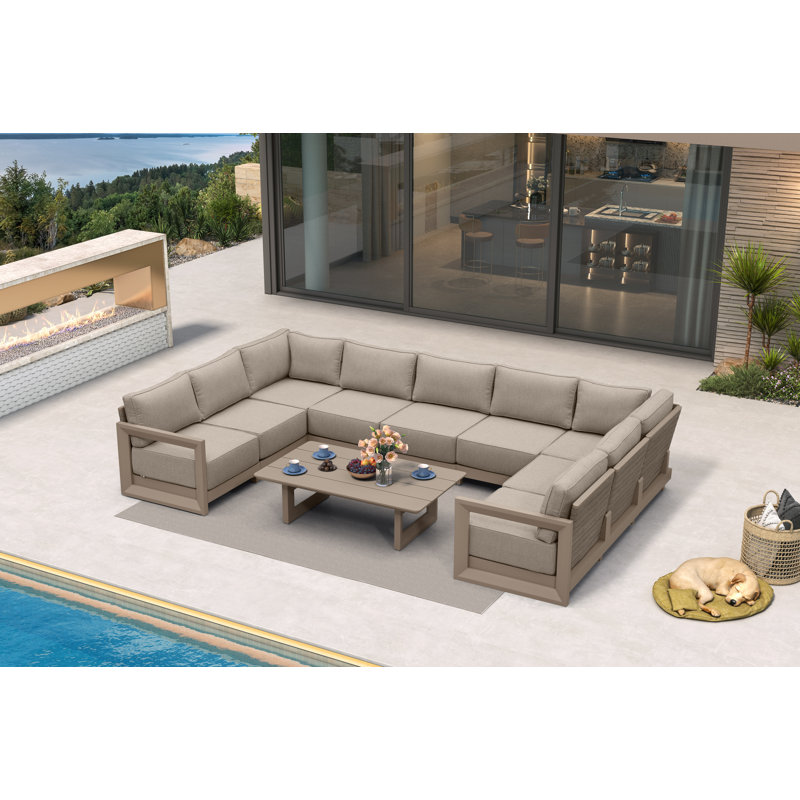 PURPLE LEAF Patio Furniture Set With 9.6" Thick Cushion And Soft Pillows Outdoor Sectional Sofas Modern Outdoor Conversation Sets For Yard Porch Deck, Khaki