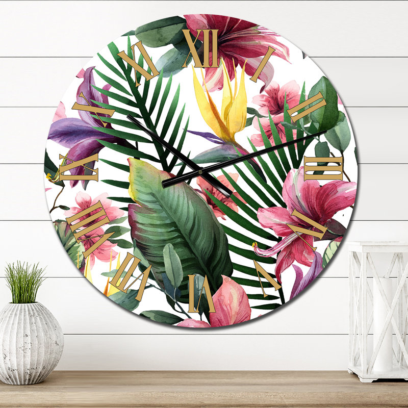 Fleurs tropicales rouges sur fond blanc II - Horloge murale traditionnelle, Petit