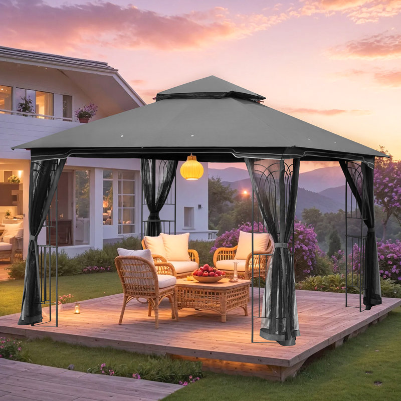 Auvent d'extérieur 10 pi x 10 pi, pavillon avec conception de support unique et filet d'intimité brun, Brun