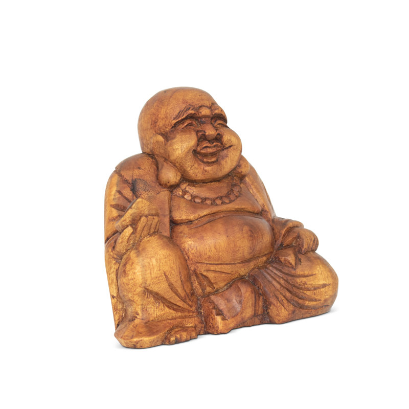 Mini statue de Bouddha joyeux en bois 4,5 po sculpté à la main souriant assis à la main Figurine décorative faite à la main
