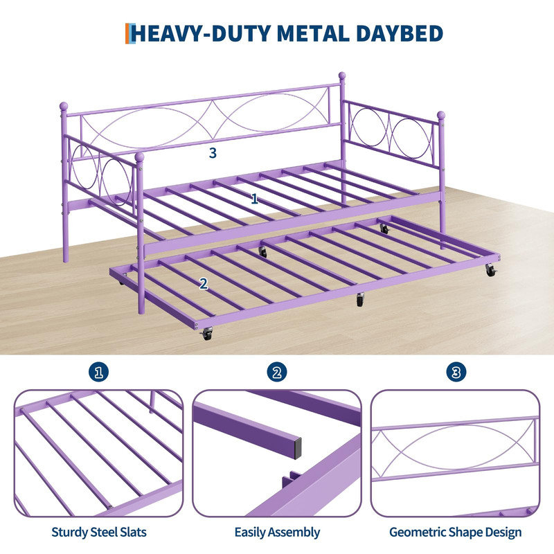 Twin Metal Daybed with Pull-Out Trundle | Durable Steel Frame with Headboard | Space-Saving Sofa Bed for Bedroom or Guest Room, Purple