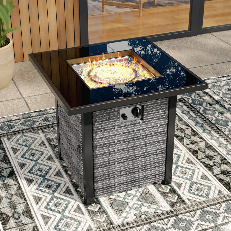 Vinayak 25'' H x 27.8'' W PE Wicker Propane Outdoor Fire Pit Table with Lid, Gray