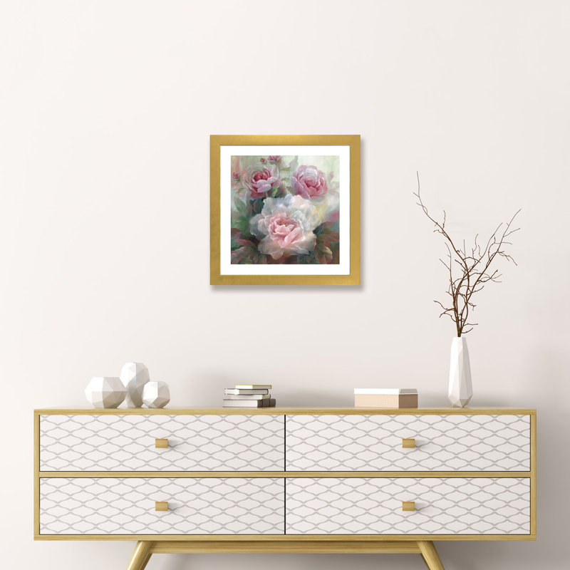 «Roses», reproduction sur toile à cadre flottant, H 16 po x l 16 po x P 1 po, Papier doré avec cadre doré