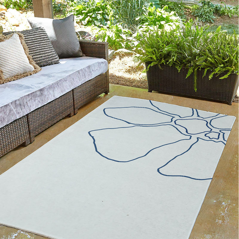Tapis en chenille tissé à la machine Jaak en blanc / bleu, Rond 5 pi