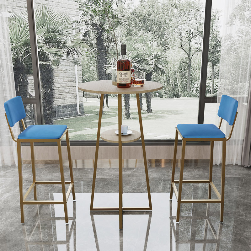 Ensemble de table et chaises de bar, ensemble de trois pièces, structure dorée, coussins et dossiers de siège en éponge, table de bar avec fonction de rangement (plateau de table doré + brun + coussin bleu)