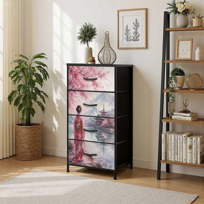 Commode de rangement verticale 4 tiroirs Serene Japanese Garden Cherry Blossoms Traditional