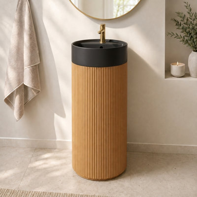 Meuble-lavabo cylindrique autoportant 16 po avec lavabo vasque à surface solide blanc, meuble-lavabo rond avec trou pour robinet