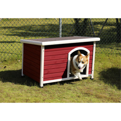 Niche pour chien d'extérieur rouge moyen - Toit imperméable 100% naturel, pieds réglables pour plancher surélevé, rideau de porte pour chiens de taille moyenne jusqu'à 70 lb, toit et intempéries
