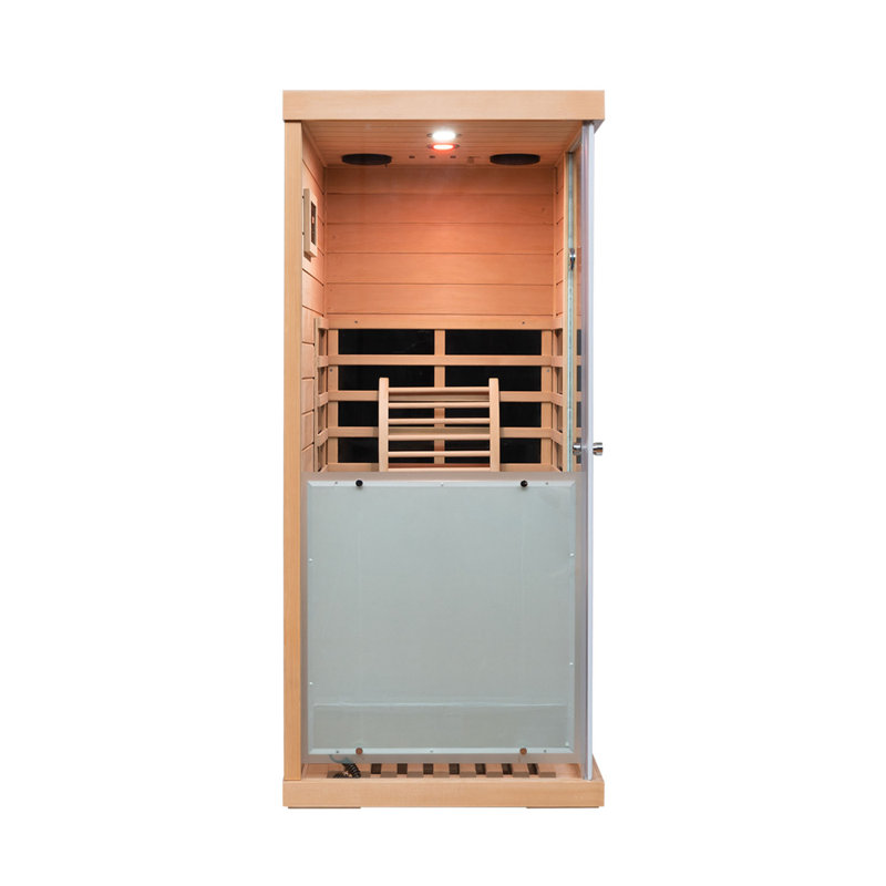 Grand petit sauna en pruche en verre avec ouverture à gauche