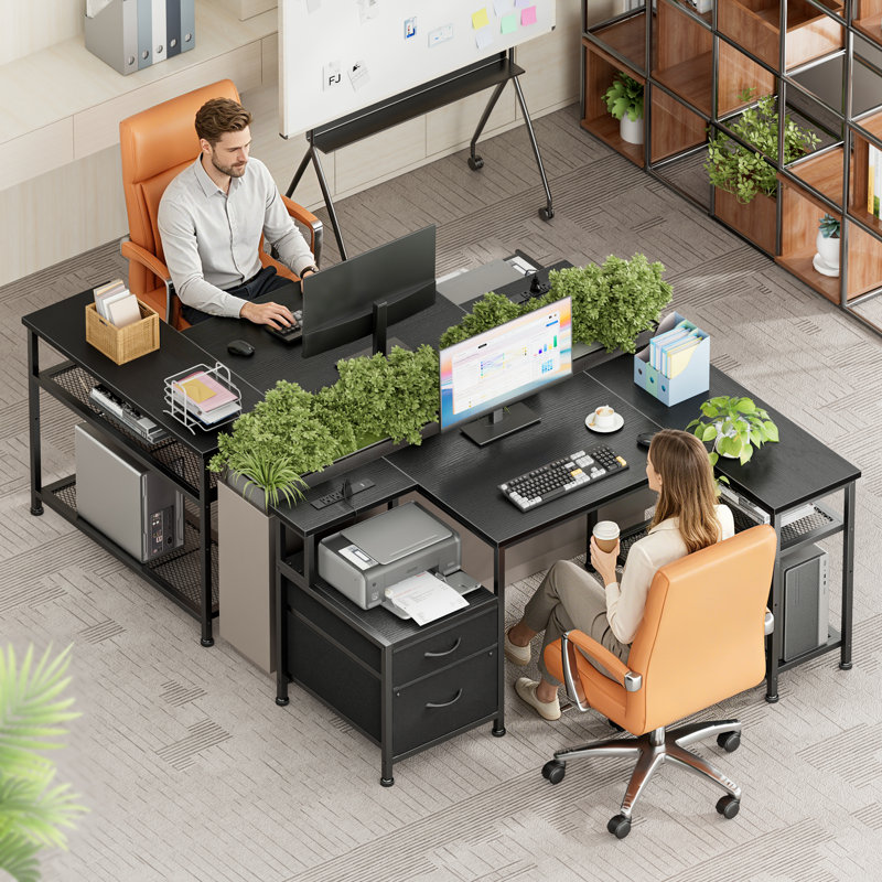 Bureau en L avec station de charge, 2 tiroirs en tissu et tablettes réglables, bureau d'ordinateur pour petits espaces, Black