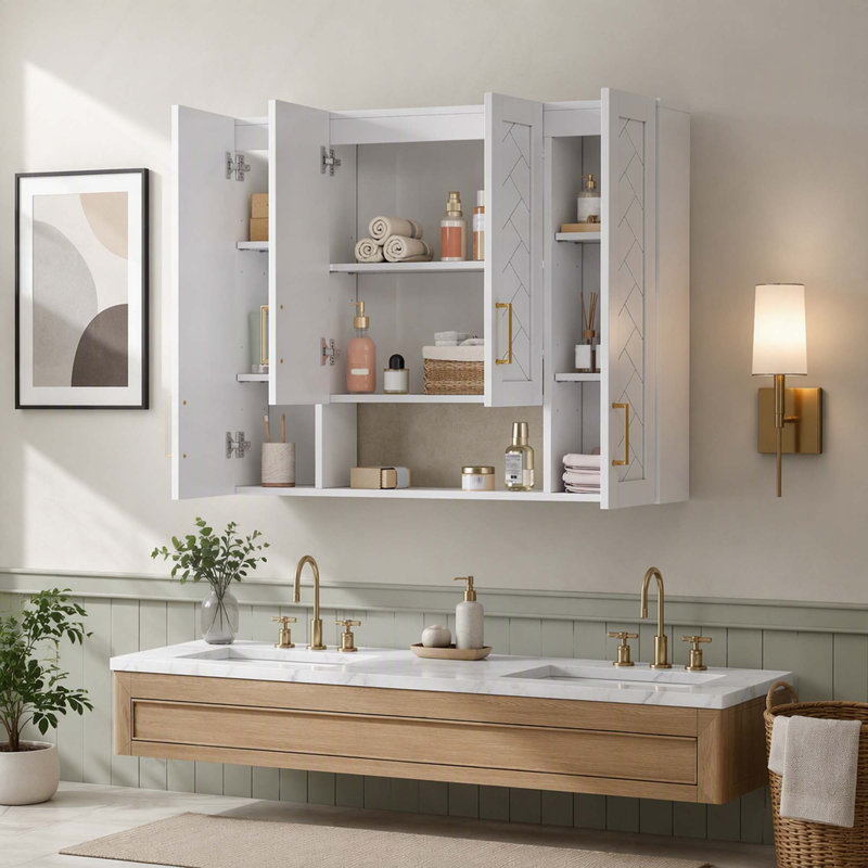 Meuble de salle de bain mural avec étagères réglables et pentures à fermeture en douceur, White(Style 2)