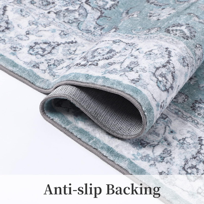 Rectangle Floral Washable Area Rug, Blue, Rectangle 80 x 150 cm