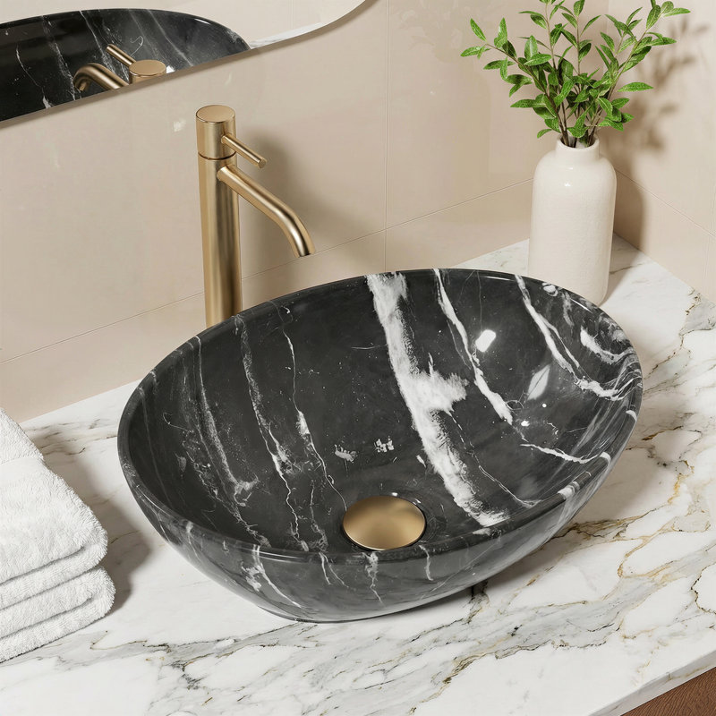 KES 16" x 13" Oval Marble-Pattern Vessel Sink, Modern Ceramic Porcelain Small Bathroom Sink Bowl for Bathroom Vanity Above Counter