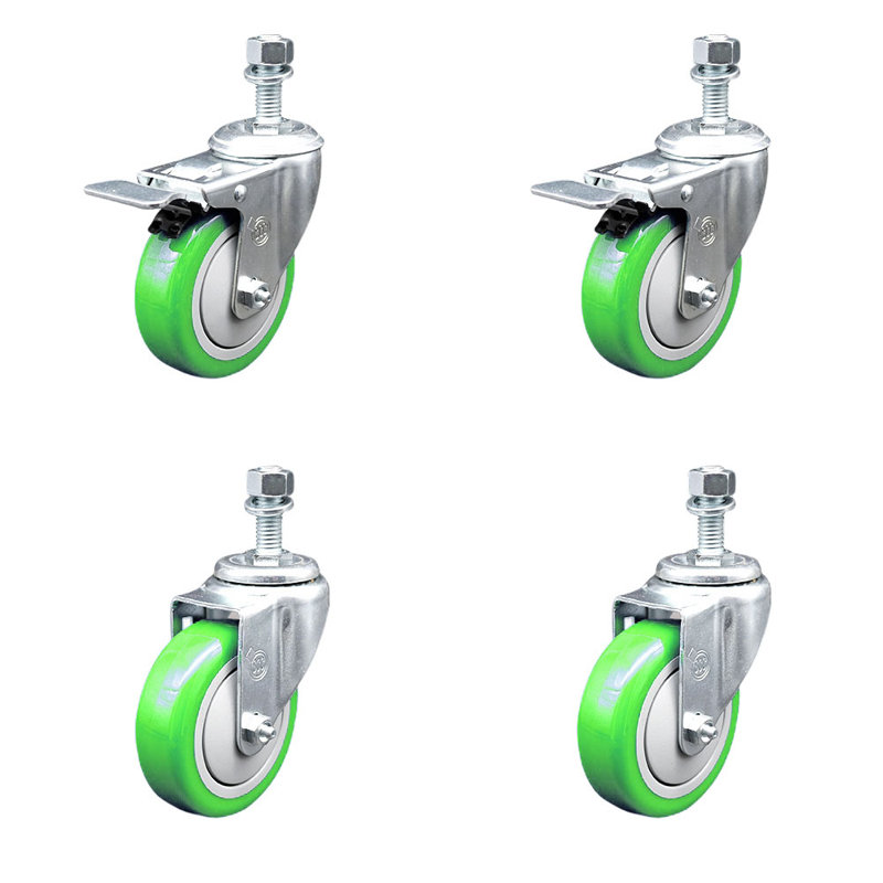 Ensemble de 4 roulettes à tige pivotante en polyuréthane de 4 mm et 2 freins à verrouillage total SCC, Vert