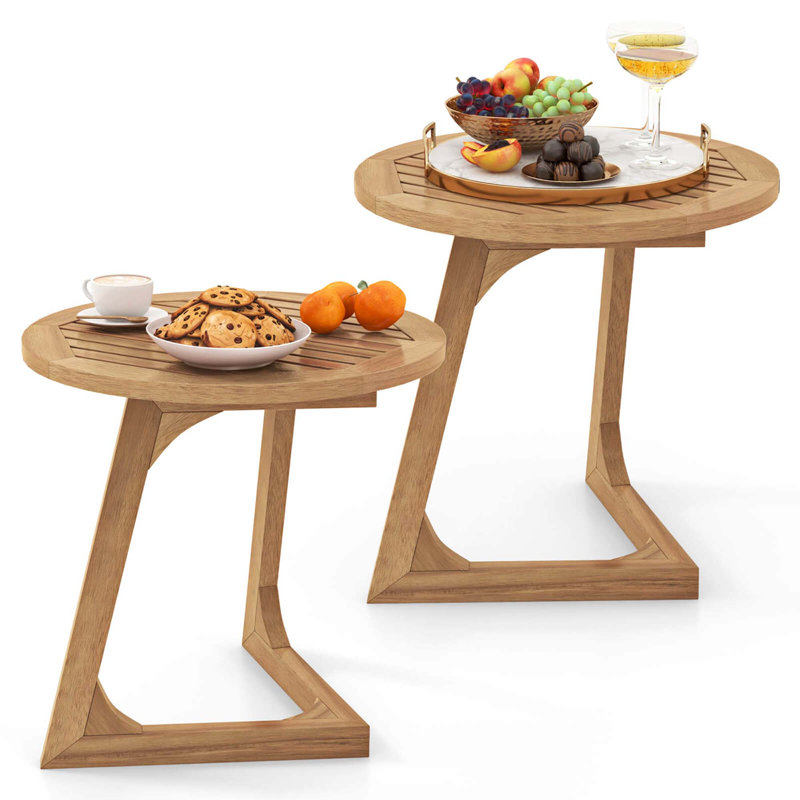 2 PCS Teak Wood Side Table Round Sofa End Table with Slatted Tabletop Nightstand
