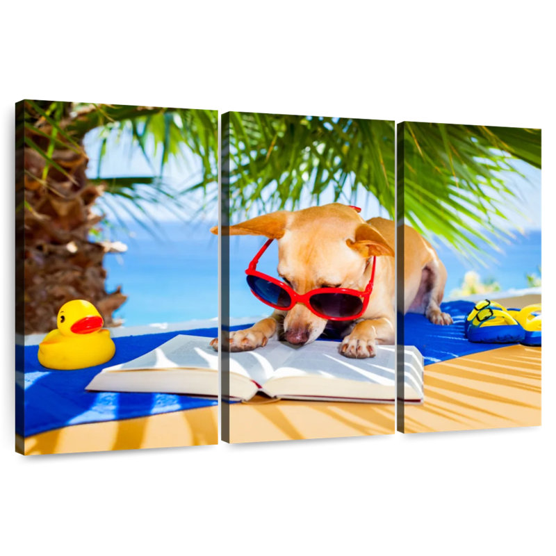 Chien ketti lisant sur la plage, H 28 po x l 45 po