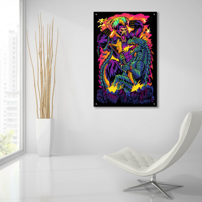 «Giant Ape Vs Giant Lézard» par FlyLand Designs, art mural en verre acrylique, 24 po x 36 po