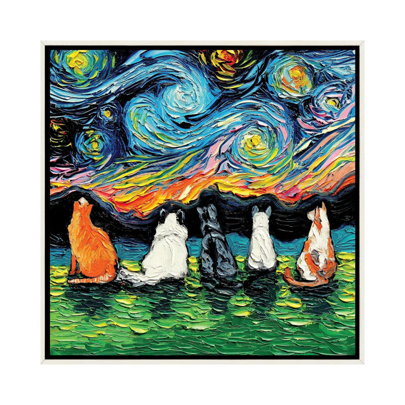 «Starry Cats» par Aja Trêves - reproduction d'art sur, H 37 po x l 37 po x P 1,5 po, Encadrement blanc vieilli