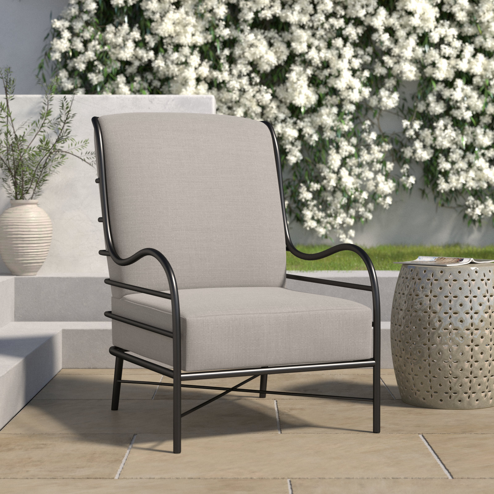 Carmel Wrought Aluminum Outdoor Lounge Chair, Dove Sunbrella® Linen, No Welt