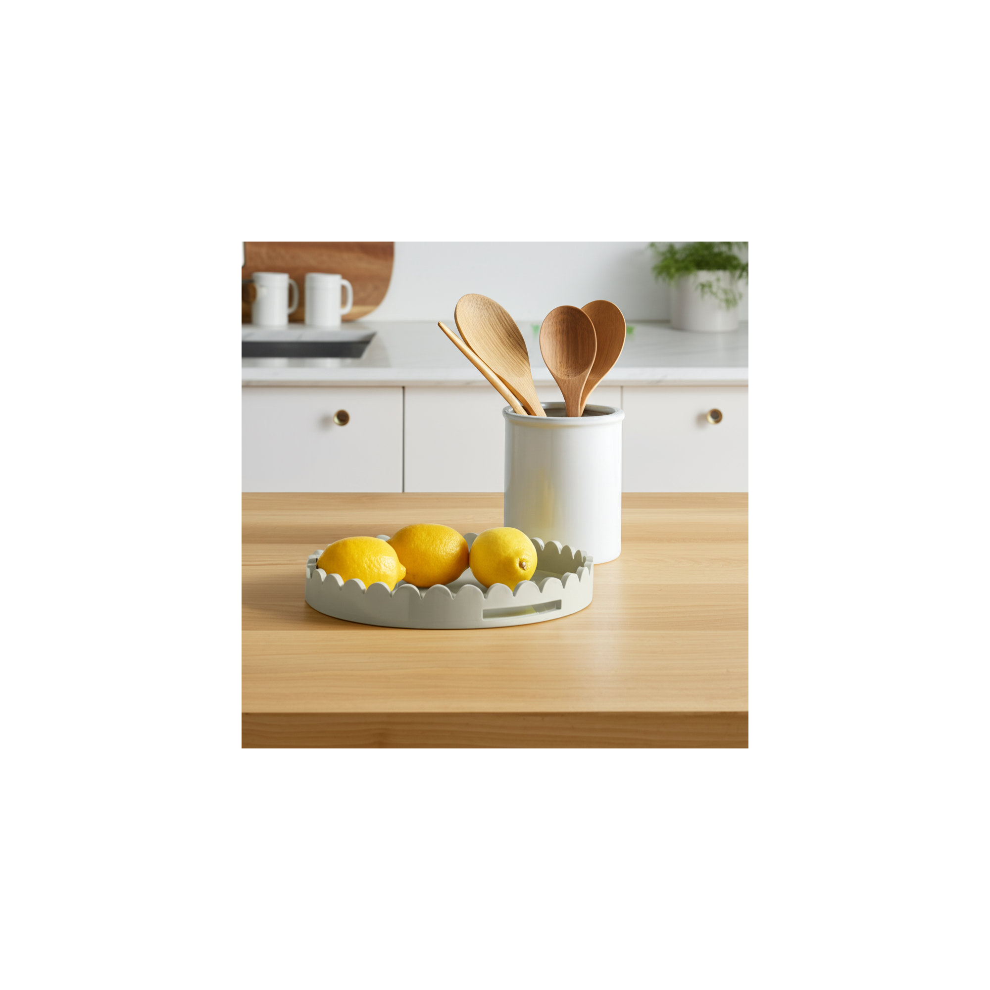 Effa Hand-Crafted Round Scalloped Wood Tray, Gray