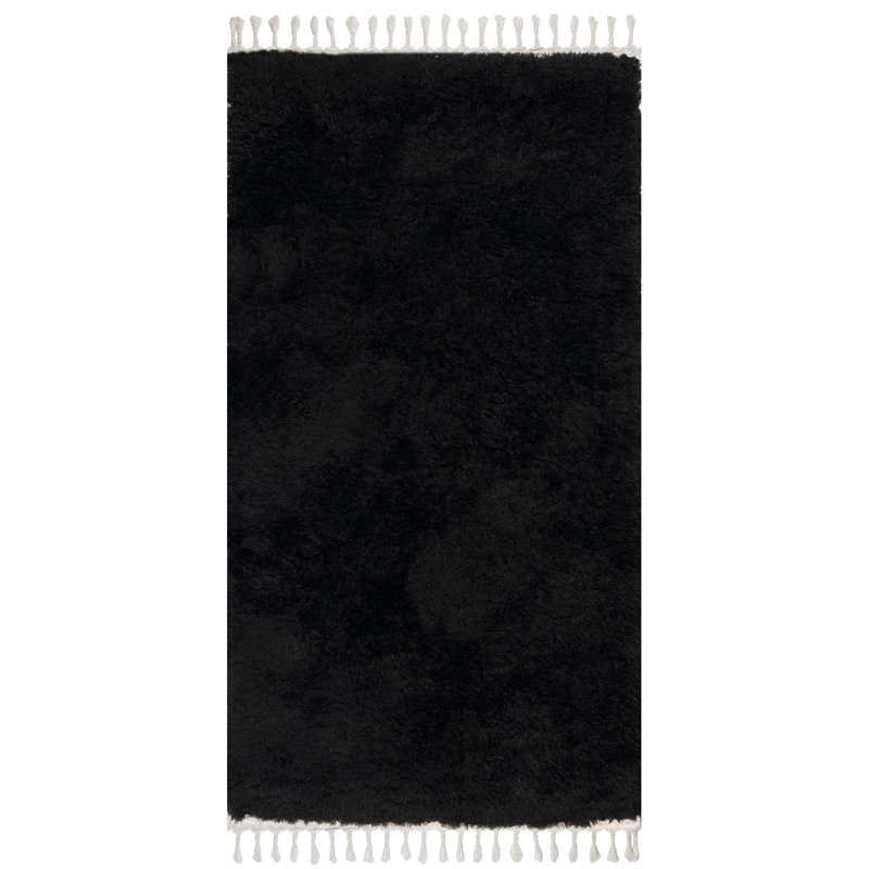 Tapis rectangulaire en polyester de couleur unie tissé à la machine en noir, Rectangle 6 pi 7 po x 9 pi 6 po