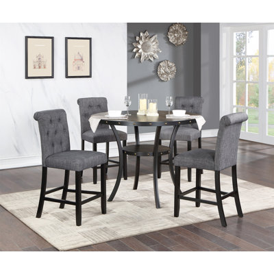 Dining Room Furniture Natural Wood Round Dining Table 4X High Chairs Charcoal Fabric Tufted Roll Back Top Chair Storage Shelve 5Pc Counter Height Dini -  Alcott HillÂ®, D782AC3A826E4EA6A9A805AD46000EE0