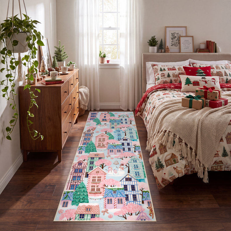 Tapis de Noël Village d'hiver Bonhomme de neige et rennes, Rose, 2 x 8 pi